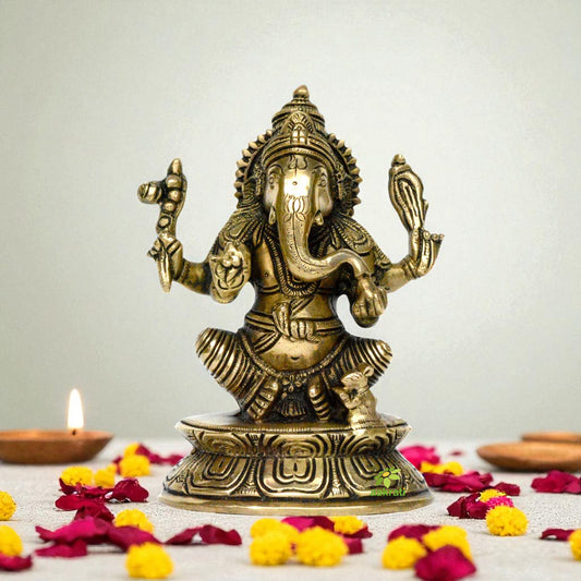 Brass made Lord Ganesha sitting on a throne decorative pooja ghar statue Aakrati
