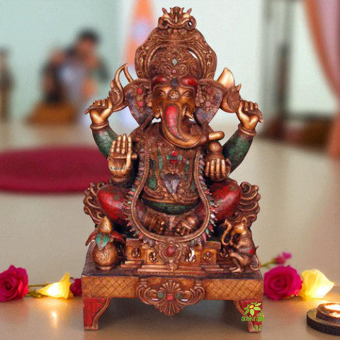 Ganesha Statue on Elephant Head - Ganesh Idol - Ganpati Statue - Vinayaka Statue Home Decor - Indian Brass Sculpture - Mosaic Stone Work Aakrati