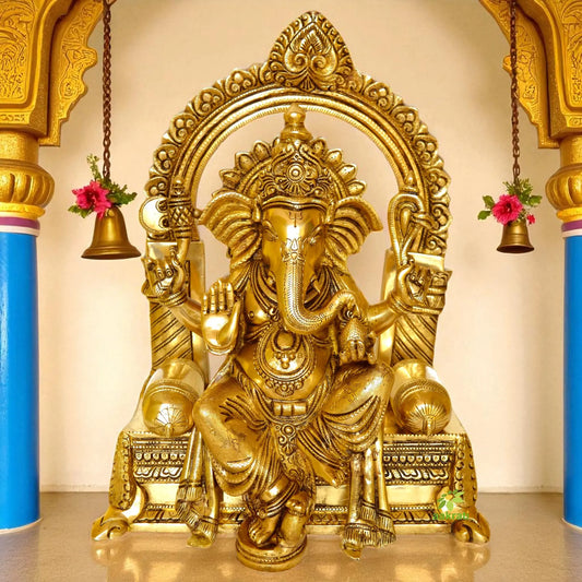 Lord Ganesha sitting on a decorated chowki brass made Pooja ghar home decor statue Aakrati
