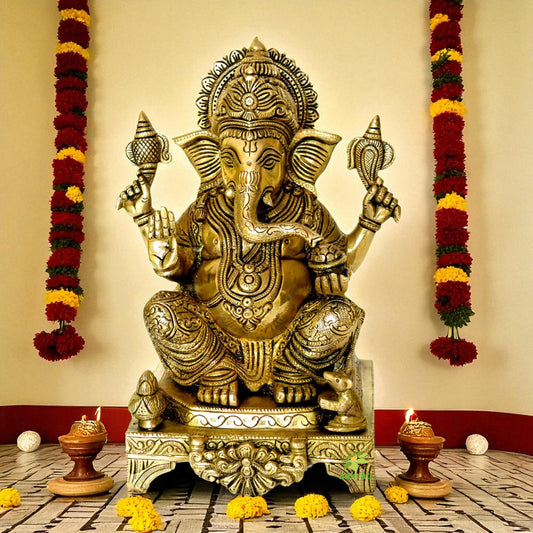 Lord Ganesha sitting on a decorated chowki brass made Pooja ghar home decor statue Aakrati