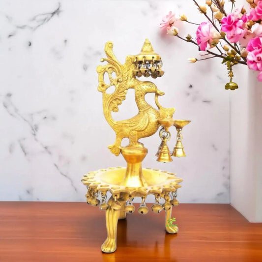 Handmade Brass Diya Stand with Bell | Unique Diwali & Pooja Lamp | Peacock Shaped Brass Diya with Small Bell ( Yellow,13.5 inch) Aakrati