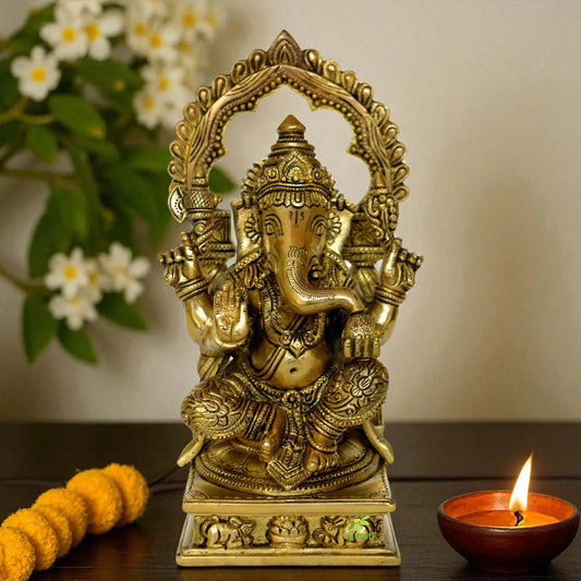 Lord Ganesha sitting on a decorated chowki brass made Pooja ghar home decor statue Aakrati