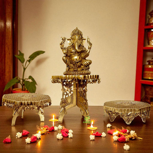 Lord Ganesha with three chowki brass metal decorated combo set Aakrati