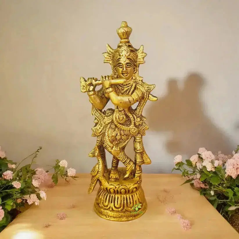 Brass Krishna idol for home temple and daily puja with antique finish
