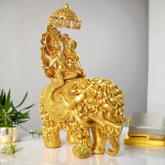 Brass Radha Krishna Sitting on Elephant Idol for Home