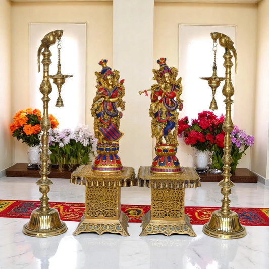 Bring Serenity and Luxury Home with a Handcrafted Colorful Krishna Oil Lamp with Chowki