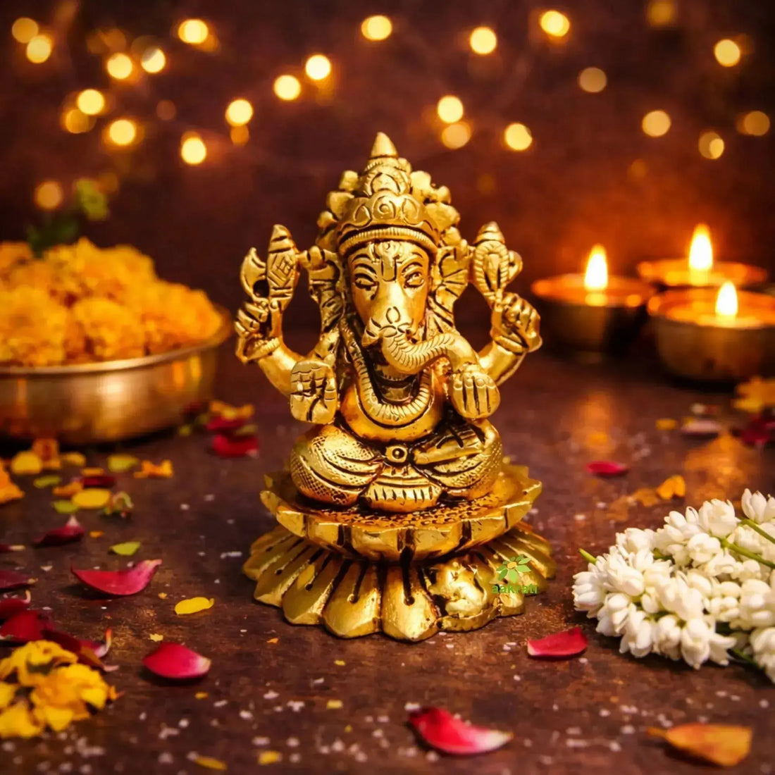 Elegantly crafted brass Ganesh idol placed in a home décor setup, symbolizing serenity, Vastu harmony, and spiritual grace.
