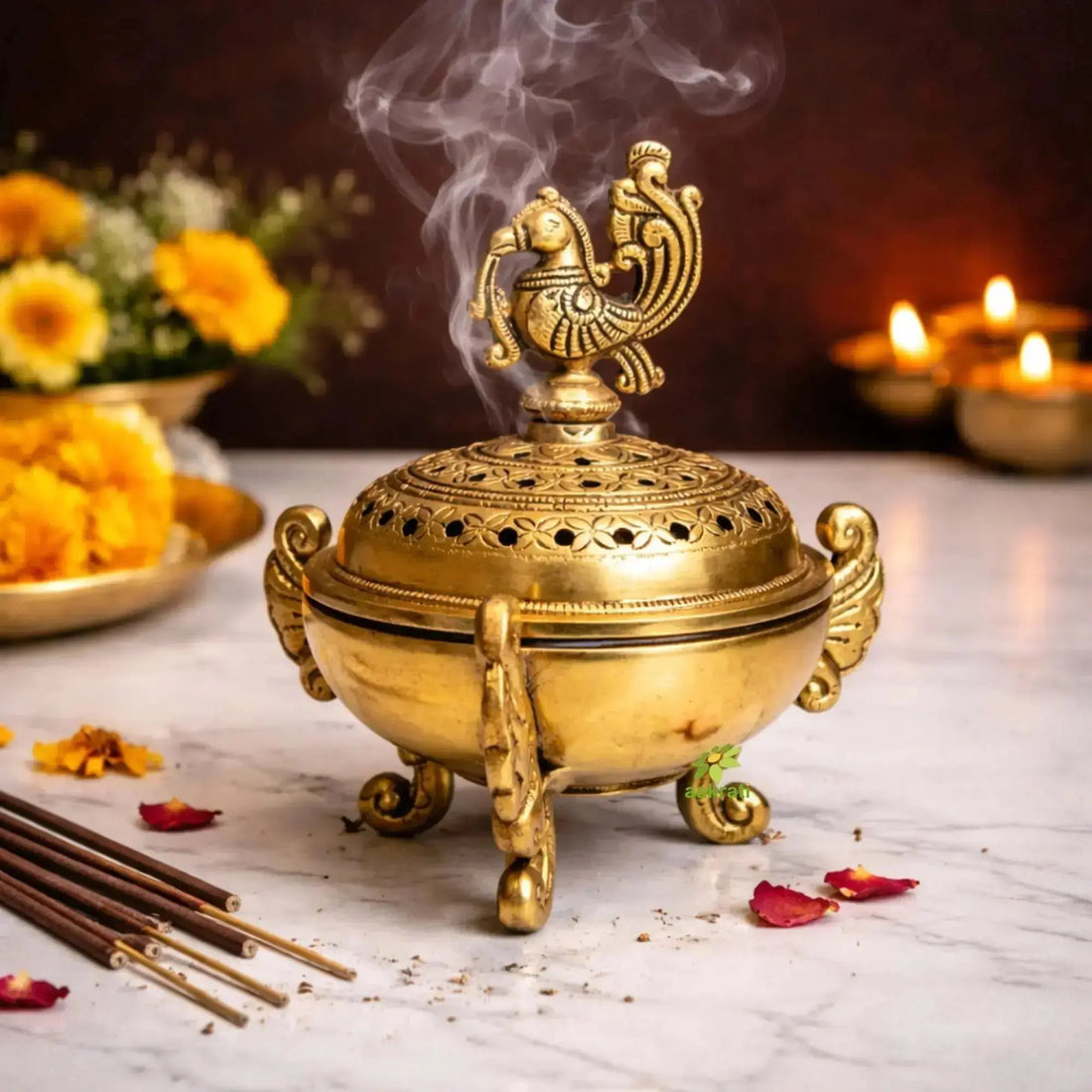 Calm study space with brass dhoop dani releasing soothing aromatic incense smoke