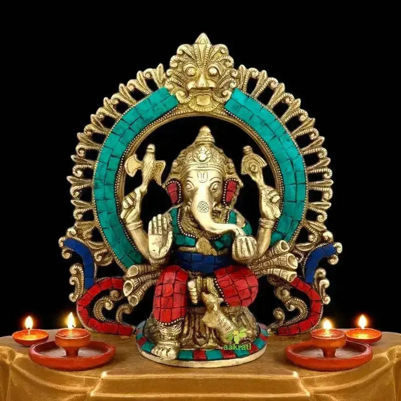 Decorative Ganesha statue made of brass with embedded stones