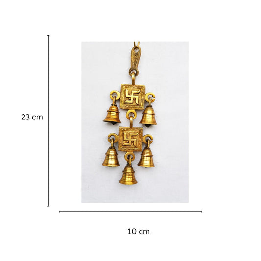 Vastu Brass Wind Chime | Traditional Wall Hanging for Spiritual Blessings & Good Vibes | Brass Swastik Hanging Bell ( Yellow, 9.2 inch)