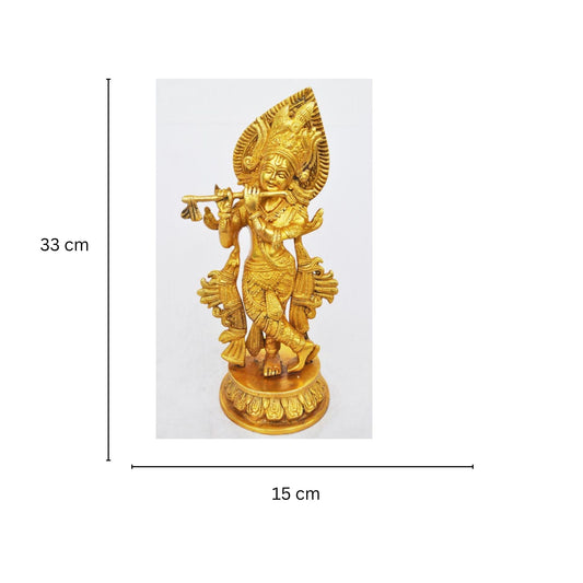 Handmade Brass Krishna Idol | Artistic Religious Idol for Spiritual Spaces and Home | Brass Krishna Murti ( Yellow, 13 inch)