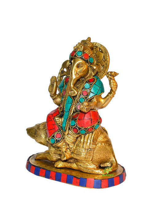 Sitting Ganesha Stone work Brass Metal Pooja Ghar Statue