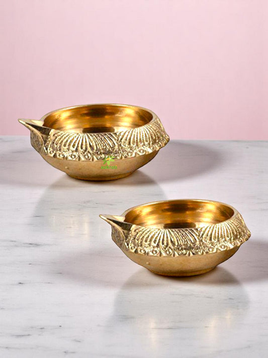 Handmade Indian Puja Brass Oil Lamp - Diya Lamp Engraved Design Dia - 3 inch (Set of 2)