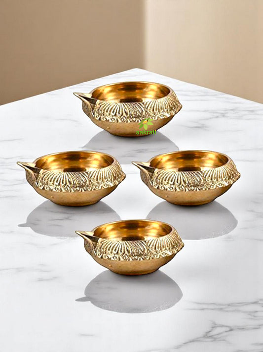 Handmade Indian Puja Brass Oil Lamp - Diya Lamp Engraved Design Dia - 3 inch (Set of 4)