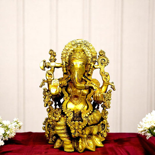 Brass Ganesha Murti | Handcrafted Idol for Spiritual Pooja in Temple | Handmade Brass Ganesha Murti ( Yellow, 16 inch)