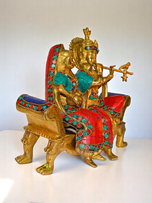 Radha Krishna Sitting On a Sofa Set with Turquoise Work