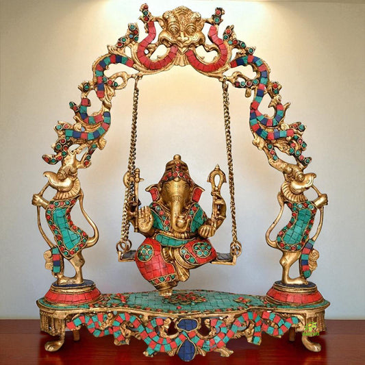 Sitting Ganesha on swing - Turquoise Work Brass Hindu Idol Pooja Ghar figure