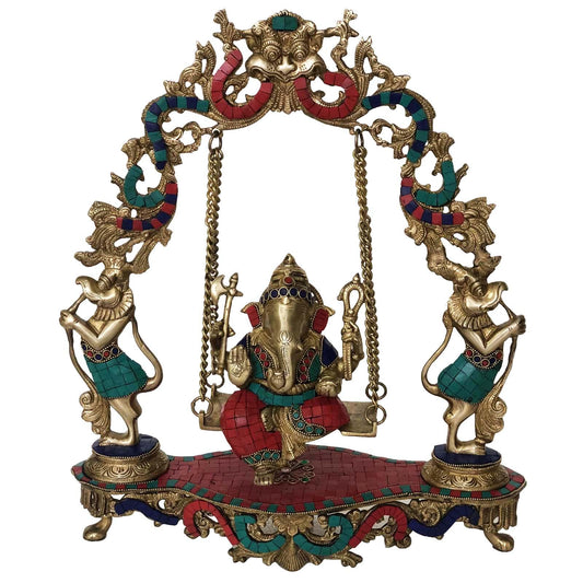 Sitting Ganesha on swing - Turquoise Work Brass Hindu Idol Pooja Ghar figure