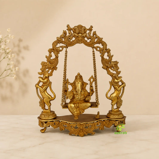 Elegant Brass Ganesha on Swing | Spiritual Decor for Your Home | Brass Ganesha Swing Statue ( Yellow, 18 inch)