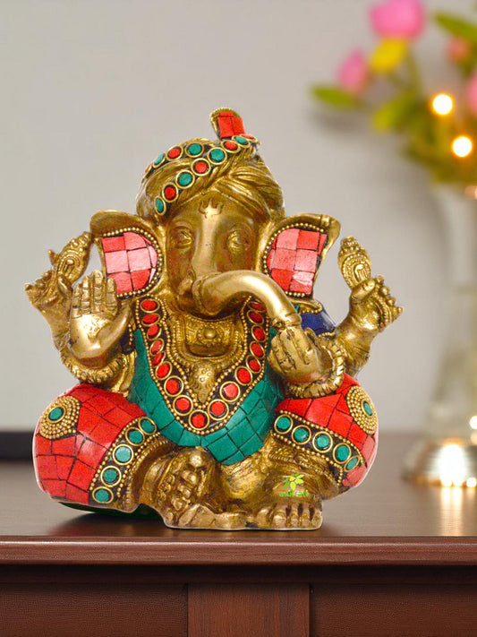 Aakrati - Turquoise Stone Embedded Ganesha Wearing Turban | Home Temple Decoration | Religious Brass Statue