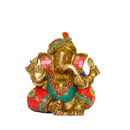 Aakrati - Turquoise Stone Embedded Ganesha Wearing Turban | Home Temple Decoration | Religious Brass Statue