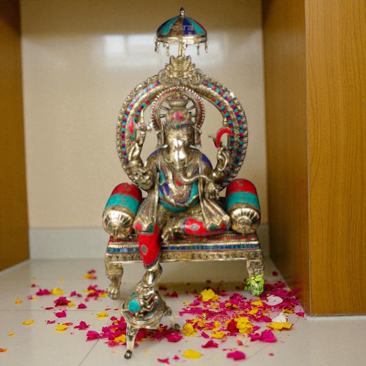 Ganesh Sitting on Throne Lobby decor metal brass Figure