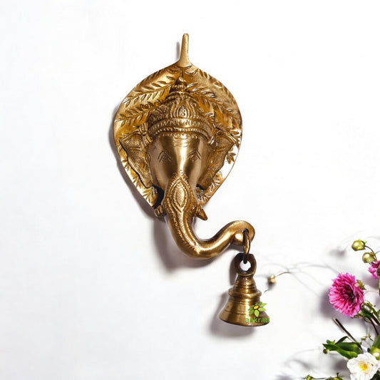 Divine Brass Ganesha Wall Hanging with Bell | Aesthetic & Divine Home Décor | Traditional Brass Ganesha Wall Hanging With little Bell ( Yellow, 7.8 inch)
