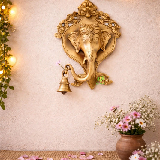 Brass Ganesha Wall Hanging Bell | Perfect for Traditional Home and Temple Decoration | Handcrafted Brass Ganesha Hanging ( Brown, 10 inch) Aakrati