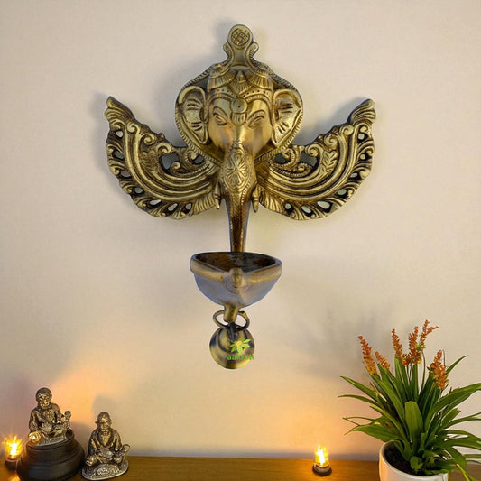 Traditional Brass Ganesha Oil Lamp | Aesthetic Spiritual Decor for Your Home | Handmade Brass Ganesha Diya ( Yellow, 10.5 inch)