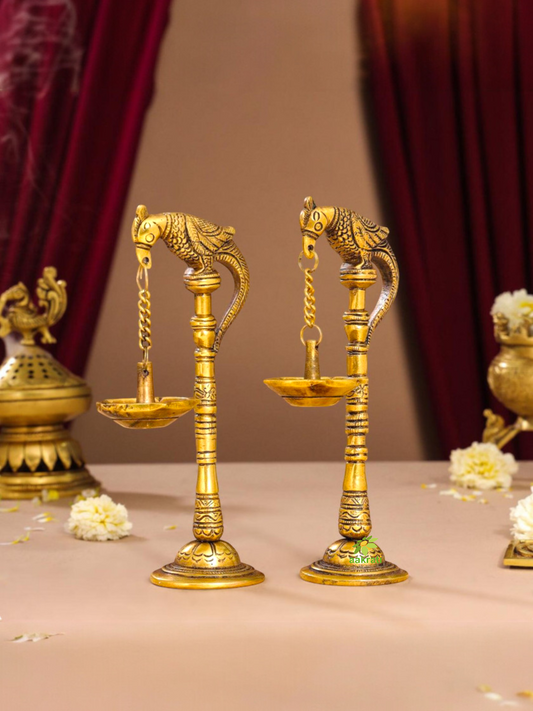 Aakrati Pair of Bird Diya Oil Lamp Stand Brass Hindu Religious Puja Artical Also use for Fengshui Gifts and Home Temple