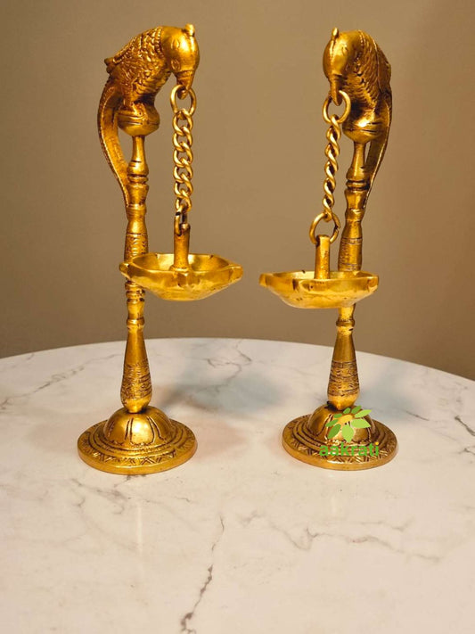 Aakrati Pair of Bird Diya Oil Lamp Stand Brass Hindu Religious Puja Artical Also use for Fengshui Gifts and Home Temple