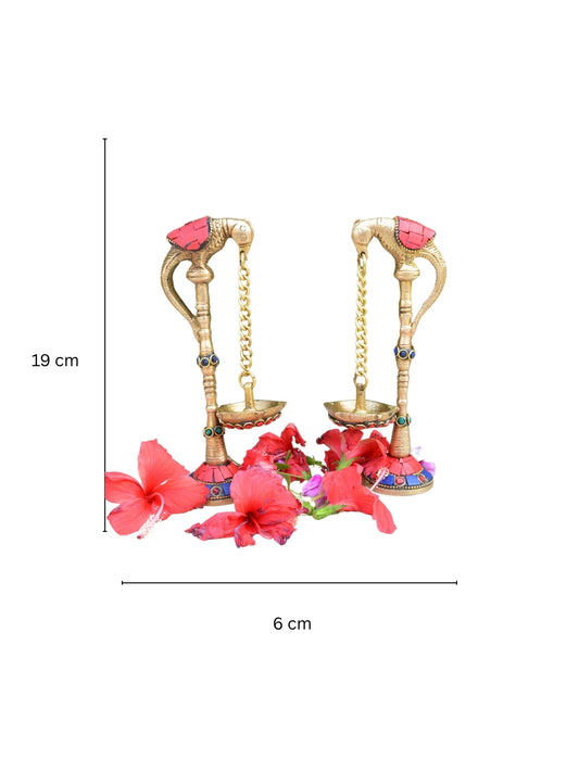 Brass Pair of Parrot Design Oil Lamp Diya Bird Oil Lamp Stand Holder Puja Art Fengshui Gifts Brass (Pack of 2) Table Diya Set