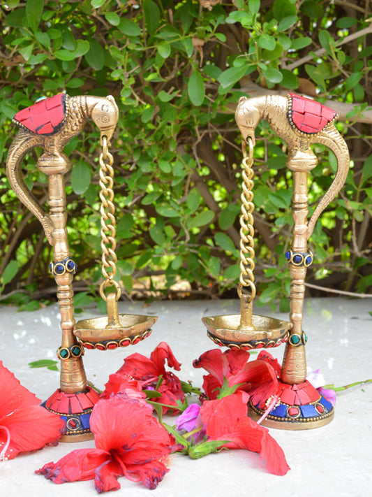 Brass Pair of Parrot Design Oil Lamp Diya Bird Oil Lamp Stand Holder Puja Art Fengshui Gifts Brass (Pack of 2) Table Diya Set
