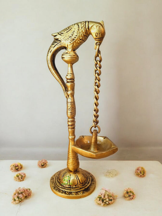 Brass Parrot Shaped Diya | Ideal Oil Lamp for Spiritual and Festival Lighting | Traditional Parrot Shape Oil Lamp ( Yellow, 6 inch)