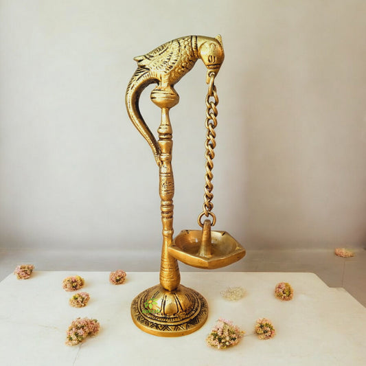 Brass Parrot Shaped Diya | Ideal Oil Lamp for Spiritual and Festival Lighting | Traditional Parrot Shape Oil Lamp ( Yellow, 6 inch)