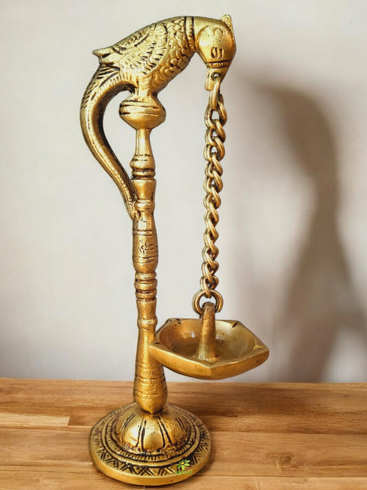 Brass Parrot Shaped Diya | Ideal Oil Lamp for Spiritual and Festival Lighting | Traditional Parrot Shape Oil Lamp ( Yellow, 6 inch)