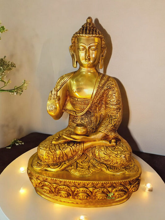 Brass Buddha Murti | Spiritual Home Decor for Calm and Serenity | Divine Brass Buddha Statue ( Yellow, 13 inch)