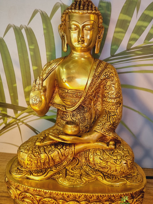 Brass Buddha Murti | Spiritual Home Decor for Calm and Serenity | Divine Brass Buddha Statue ( Yellow, 13 inch)