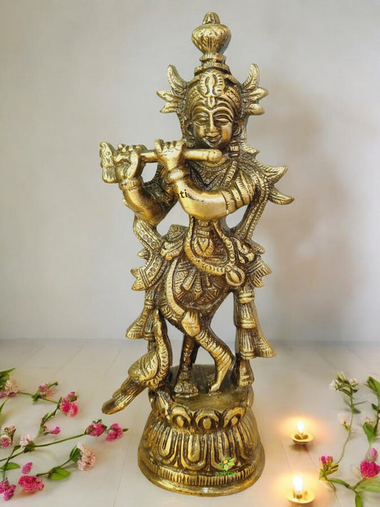 Aakrati Lord Krishna Awesome Statue Made Decorative Showpiece - 18 cm (Brass, Brown)