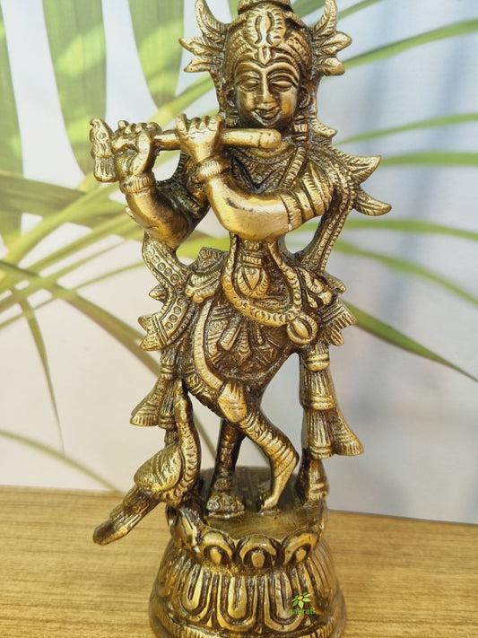 Aakrati Lord Krishna Awesome Statue Made Decorative Showpiece - 18 cm (Brass, Brown)