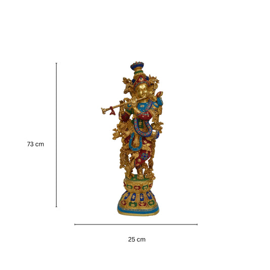 29 Inch Krishna Statue | Big Brass Krishna Idol | Flute Krishna | Colourful Krishna With Stone Work | God of love | Radhe Krishna Idol