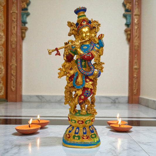 29 Inch Krishna Statue | Big Brass Krishna Idol | Flute Krishna | Colourful Krishna With Stone Work | God of love | Radhe Krishna Idol