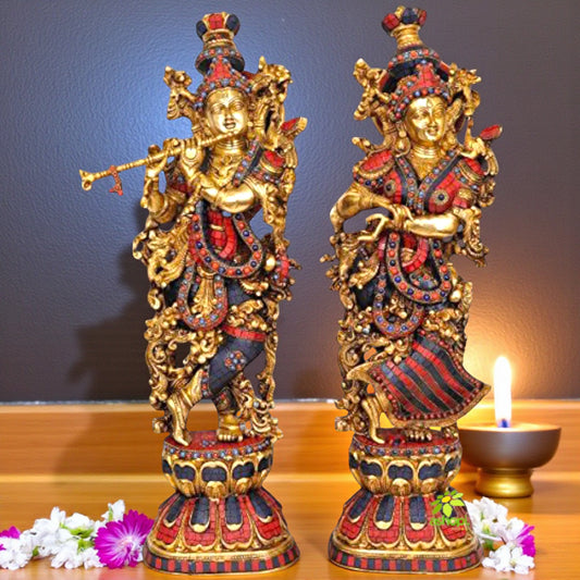 Aakrati Radha Krishna Statue Made in Brass - Hindu God Religious Figurine Idol Turquoise Handwork Big Murti 29 inch in Height | Home Decor | Showpiece | Decorat