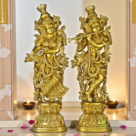 Antique Brass Radha Krishna Murti | Handcrafted Spiritual Decor Piece | Premium Brass Radha Krishna Murti ( Yellow, 29 inch)