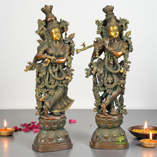 Handcrafted Brass Radha Krishna Idol | Sacred Decorative Piece for Your Home | Brass Radha Krishna Statue ( Brown, 30 inch)