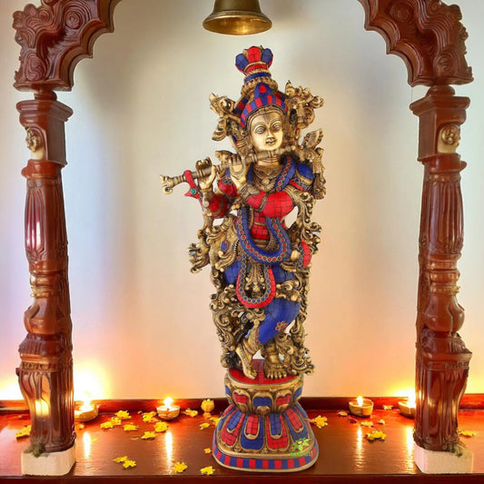 Krishna Sculpture Turquoise Coral Stone Finish 30 inch height