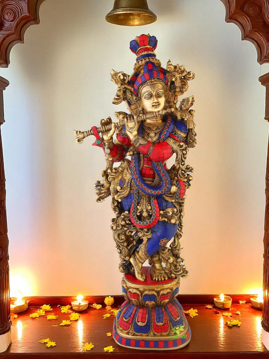 Krishna Sculpture Turquoise Coral Stone Finish 30 inch height