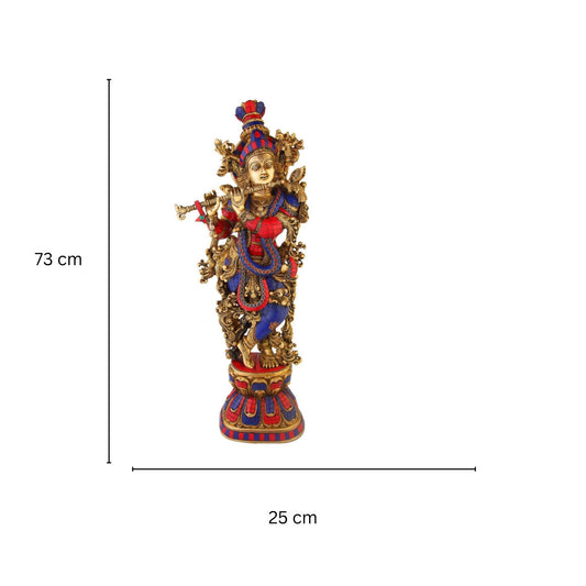 Krishna Sculpture Turquoise Coral Stone Finish 30 inch height