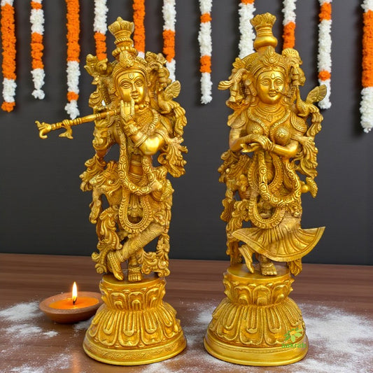 Brass Radha Krishna Statue | Divine Pair for Home and Temple Decor | Handcrafted Brass Radha Krishna Pair Murti ( Yellow, 20 inch)