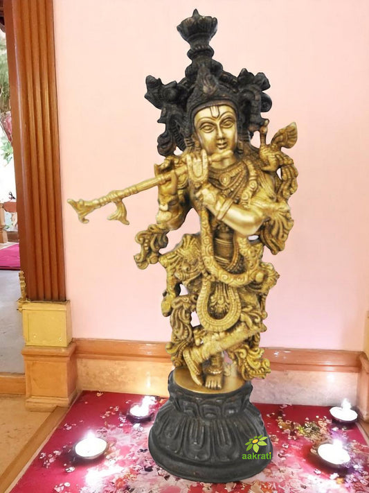 Handcrafted Brass Krishna Murti | Divine Idol for Home and Pooja Room | Brass Krishna Idol ( Yellow, 20.5 inch)